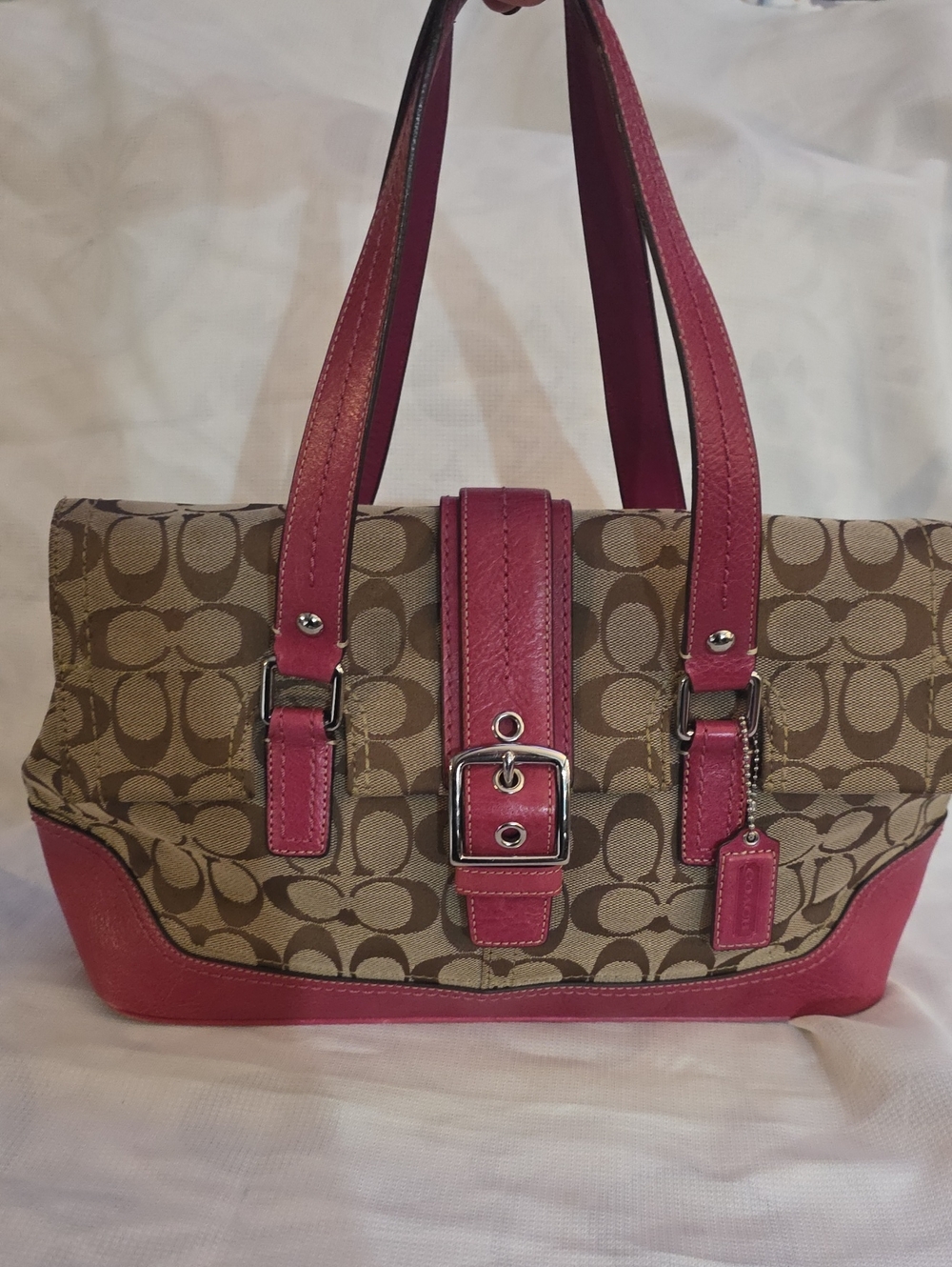 Coach Hampton Signature Carryall Satchel  khaki jacquard canvas & Pink Leather